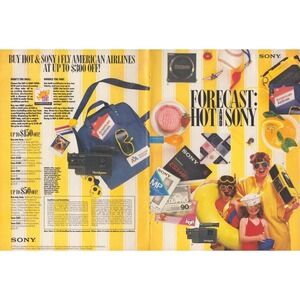 1987 Sony American Airlines Vintage Print Ad Hot & Sony Travel Promo 2 sided